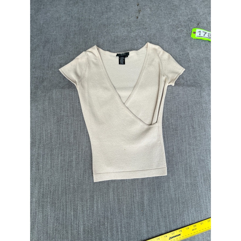 Vince Camuto BCBG Max Azria Wrap Top Womens S Beige Knit Stretch Short Sleeve